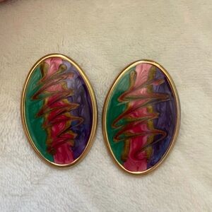 Vintage Swirl Enamel 80s Gold Tone Pierced Earrings Collectible